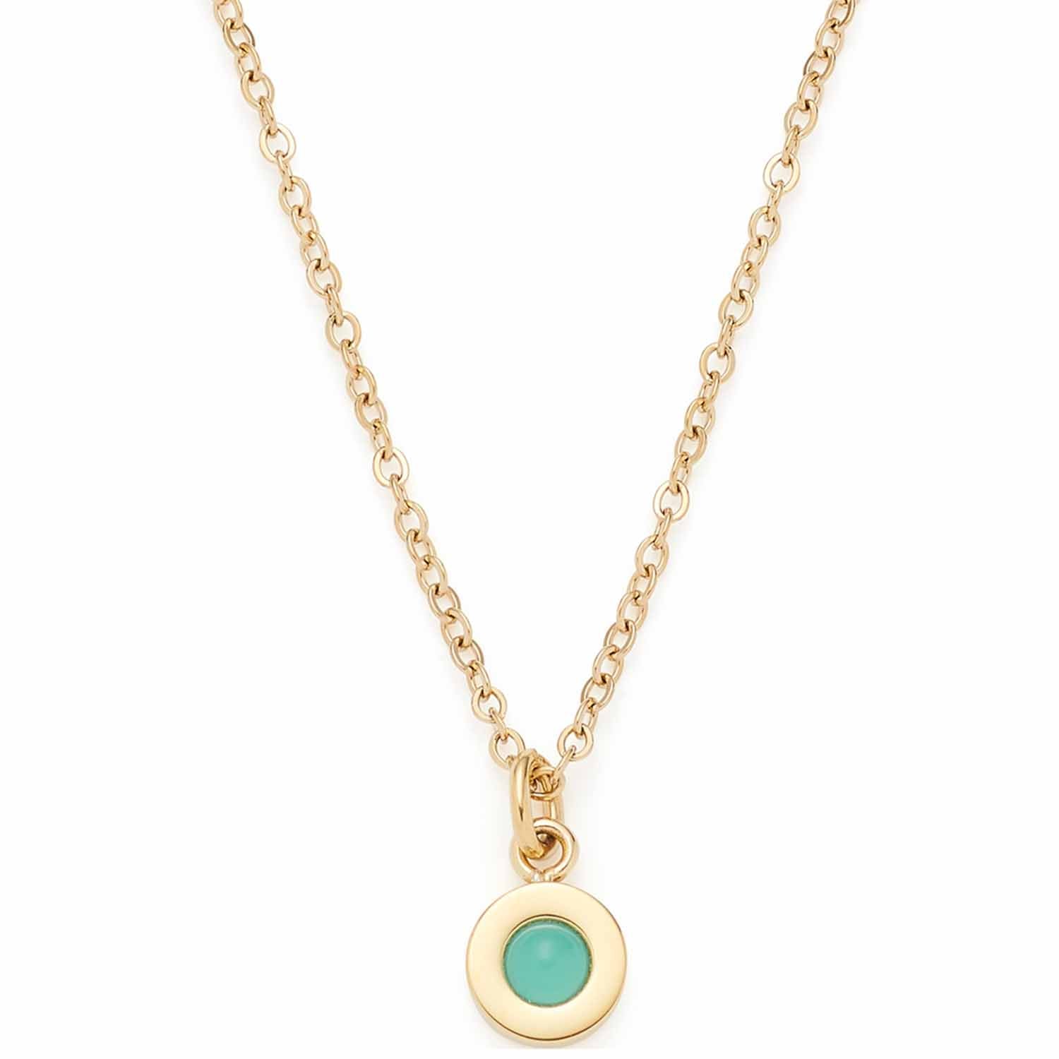 Halskette ISA mit goldfarbener Kette und rundem aquafarbenem Glashänger auf weißem Hintergrund