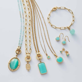 Halskette ISA und Schmuckset mit türkisen Glaselementen und Goldketten