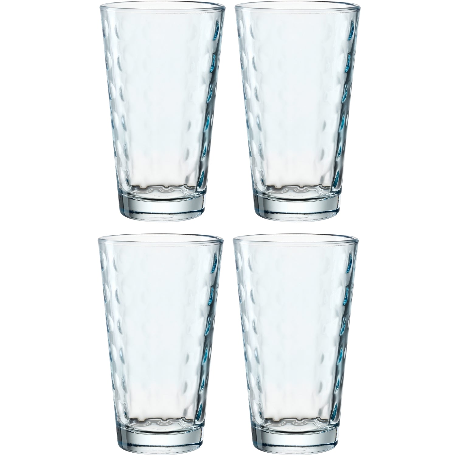 Vier leere Trinkgläser OPTIC 540 ml mit strukturierter Oberfläche, angeordnet in zwei Reihen