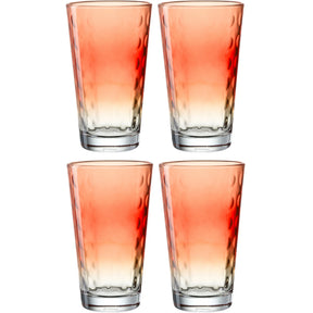 Vier korallenfarbene Trinkgläser OPTIC 540 ml im 4er Set, arrangiert in zwei Reihen