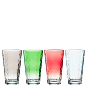 Vier Trinkgläser OPTIC 540 ml in Weiß, Grün, Rot und Transparent nebeneinander