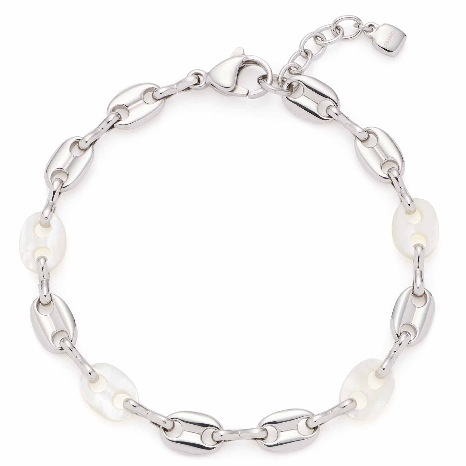 Armband LINDI mit Edelstahlgliedern und Perlmuttelementen, Ansicht von vorne