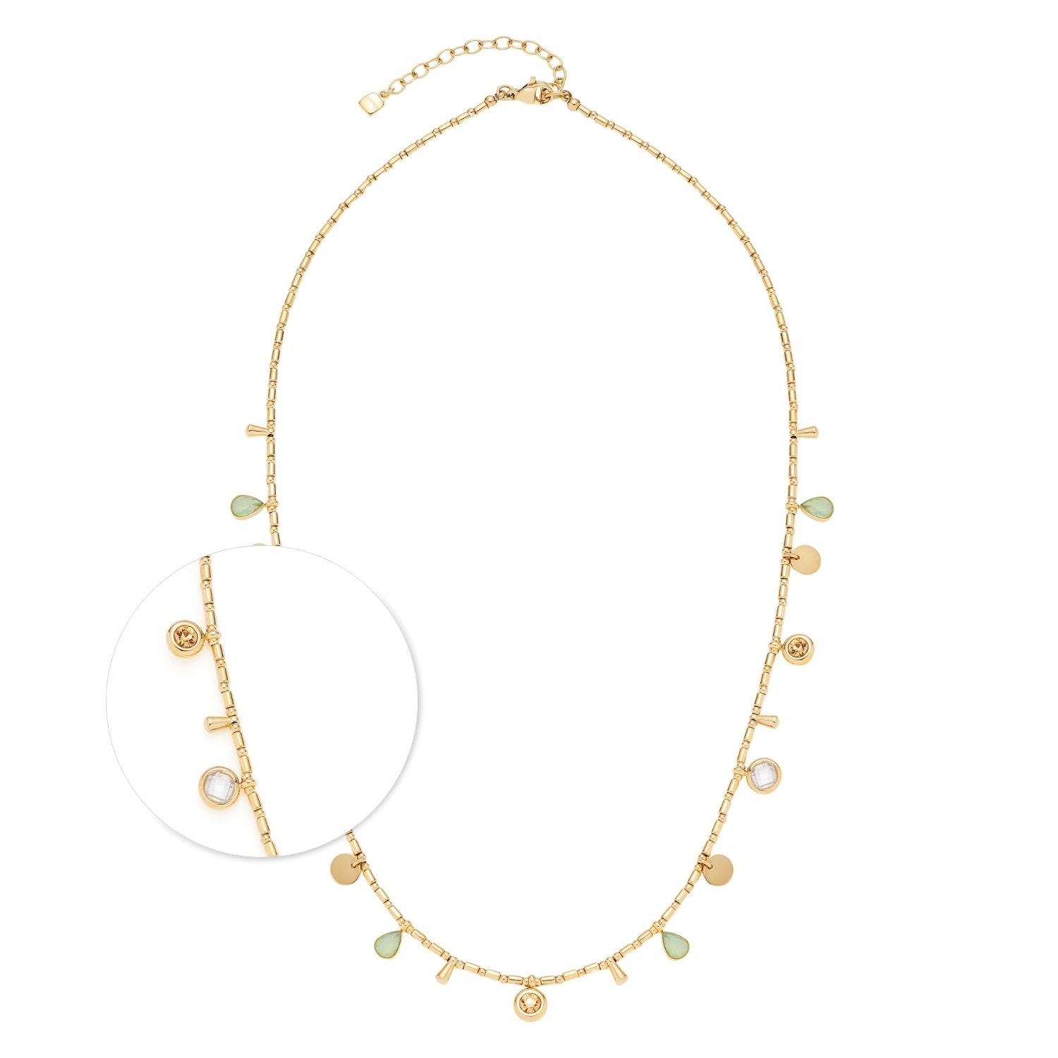 Halskette ELLA mit Glasperlen in Grün, Creme und Gold, Detailansicht der Anhänger