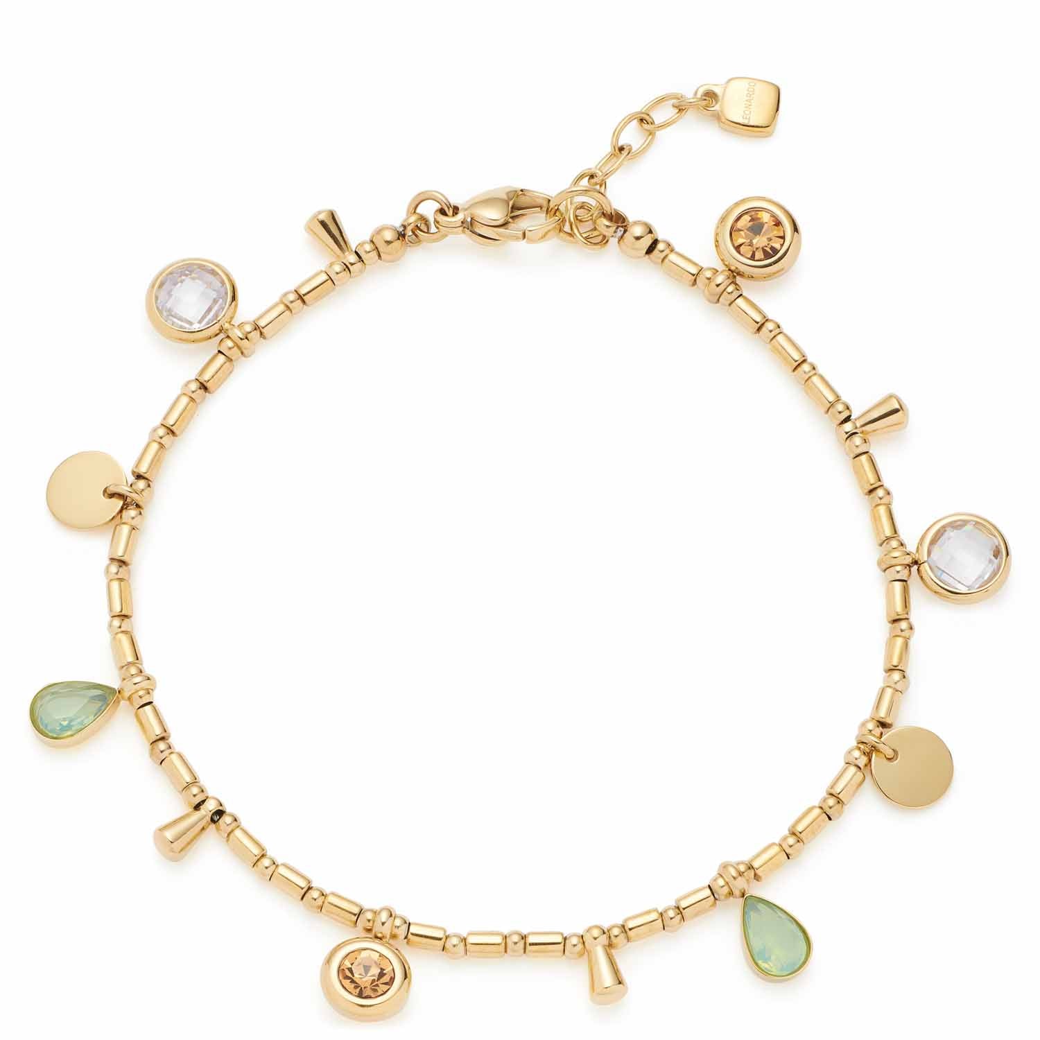 Armband ELLA mit Glas-Anhängern in Grün und Weiß auf goldener Kette