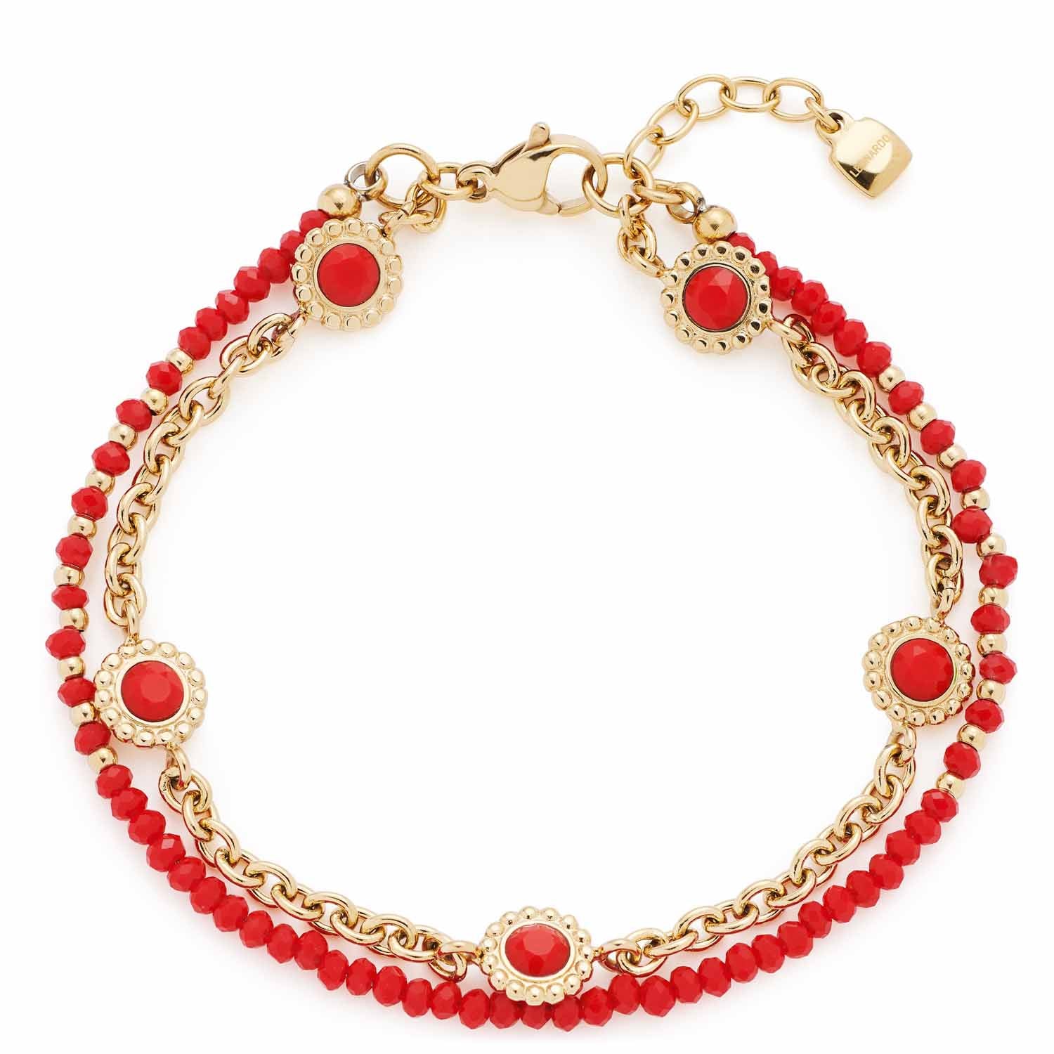 Armband FLORENA mit roten Glasperlen und goldenen Elementen auf weißem Hintergrund