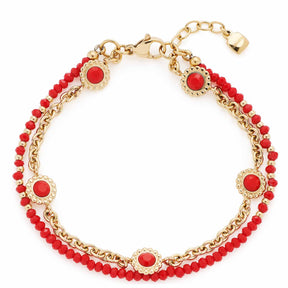 Armband FLORENA mit roten Glasperlen und goldenen Elementen auf weißem Hintergrund
