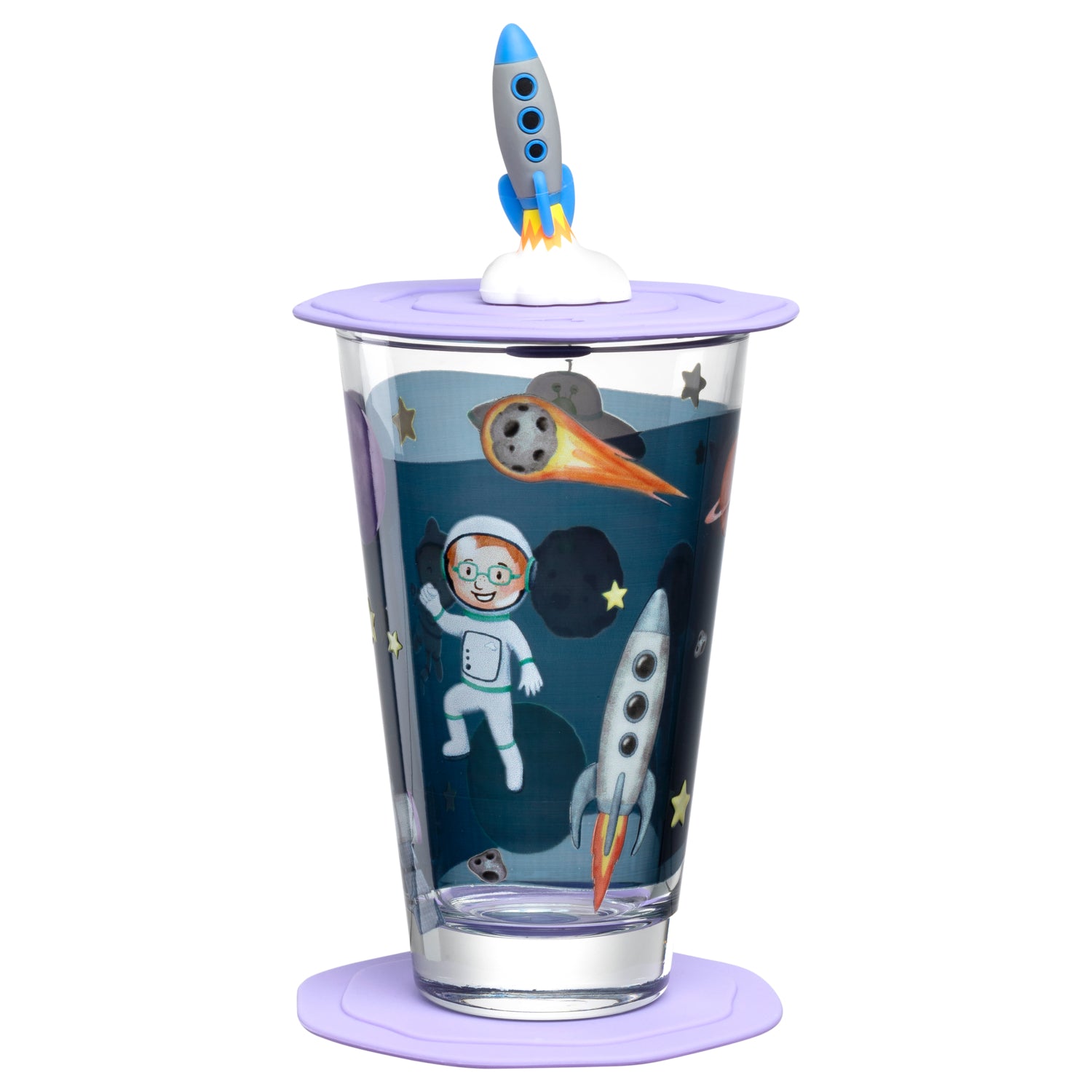 Trinkset BAMBINI AVVENTURA mit Weltall-Motiven, Astronaut und Raketen auf Glas