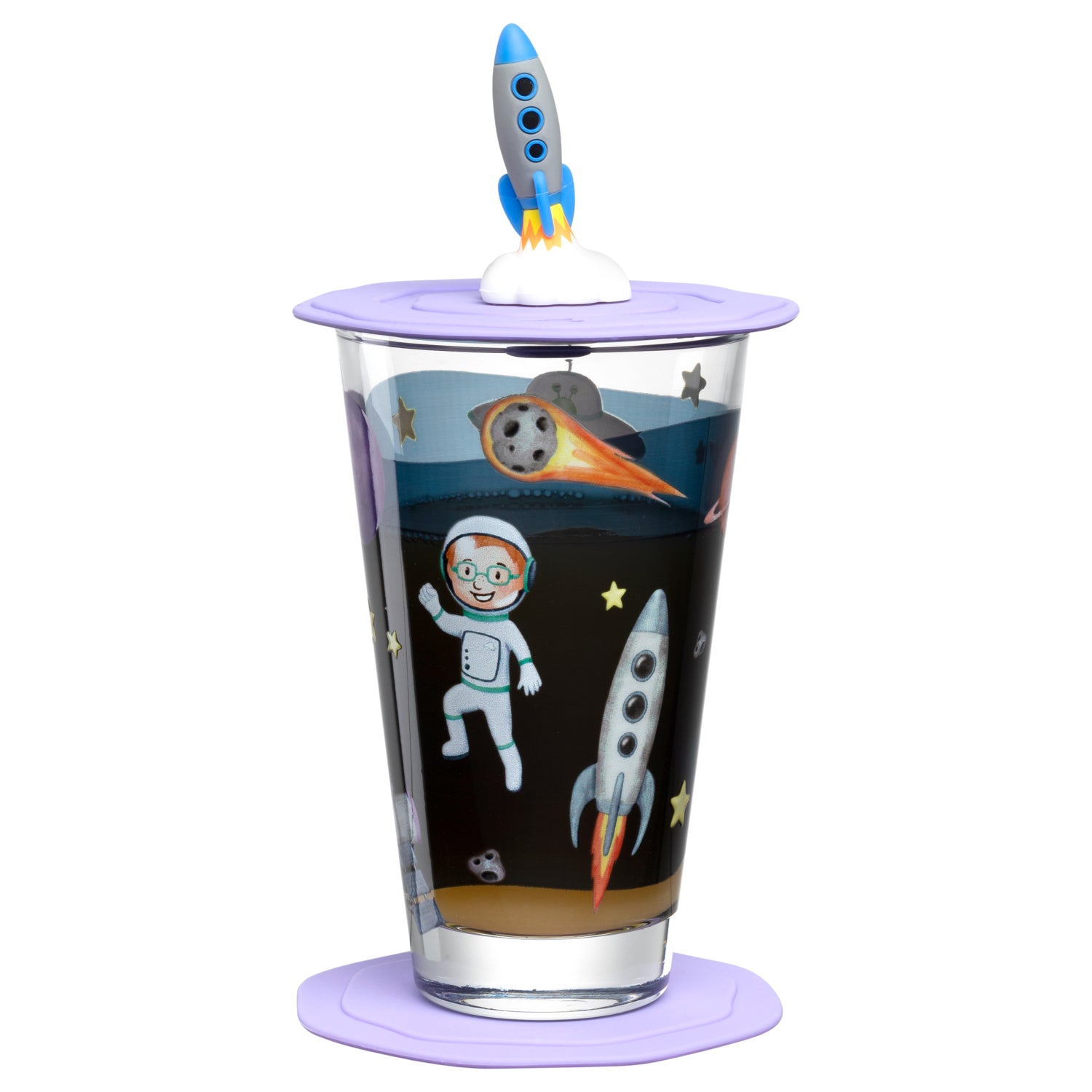 Trinkset BAMBINI AVVENTURA mit Weltall-Motiven, Astronaut und Raketen auf Glas