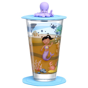Trinkset BAMBINI AVVENTURA mit Glasbecher, Meermotiven, Mermaid und Oktopus-Deckel
