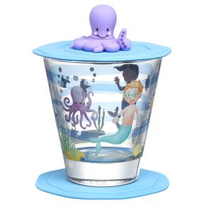 Trinkset BAMBINI AVVENTURA mit Glasbecher, Meermotiv und lila Oktopus-Deckel
