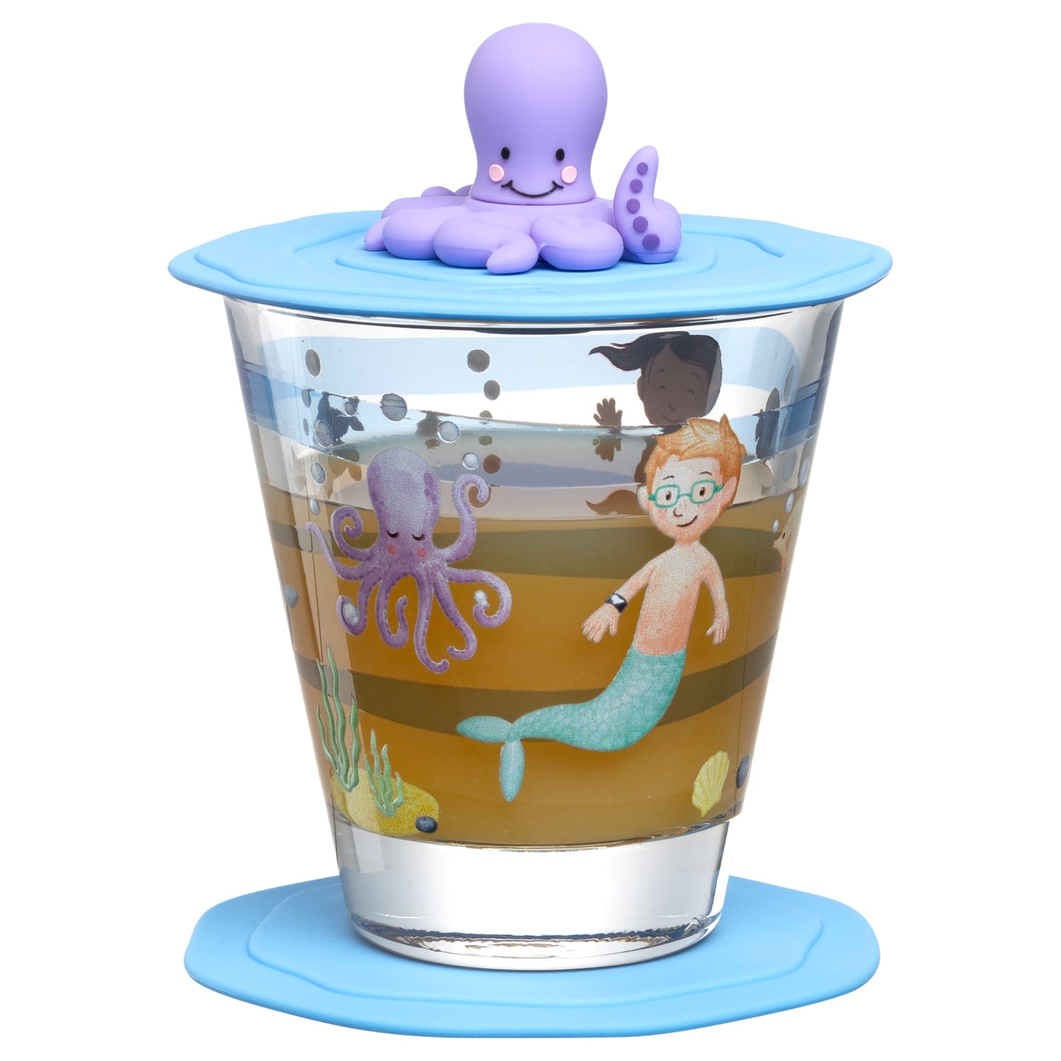 Trinkset BAMBINI AVVENTURA mit Meermotiven, Oktopus-Deckel und Trinkbecher aus Glas
