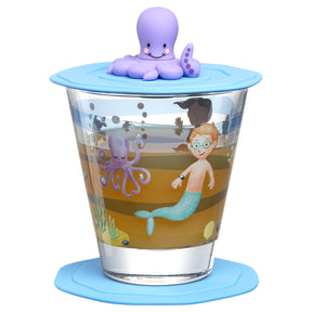 Trinkset BAMBINI AVVENTURA mit Meermotiven, Oktopus-Deckel und Trinkbecher aus Glas