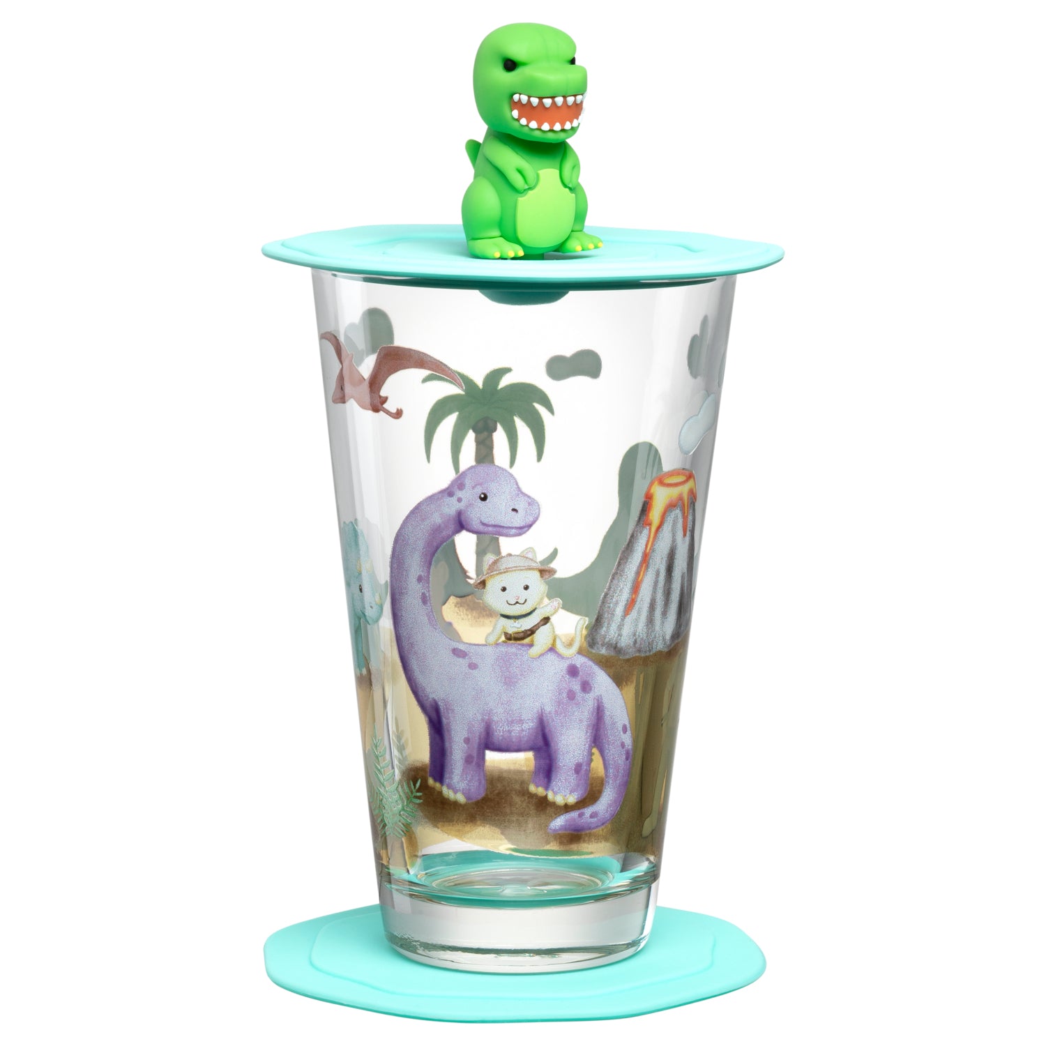 Trinkset BAMBINI AVVENTURA mit Glasbecher, Dinosaurier-Motiv und grünem Deckelaufsatz