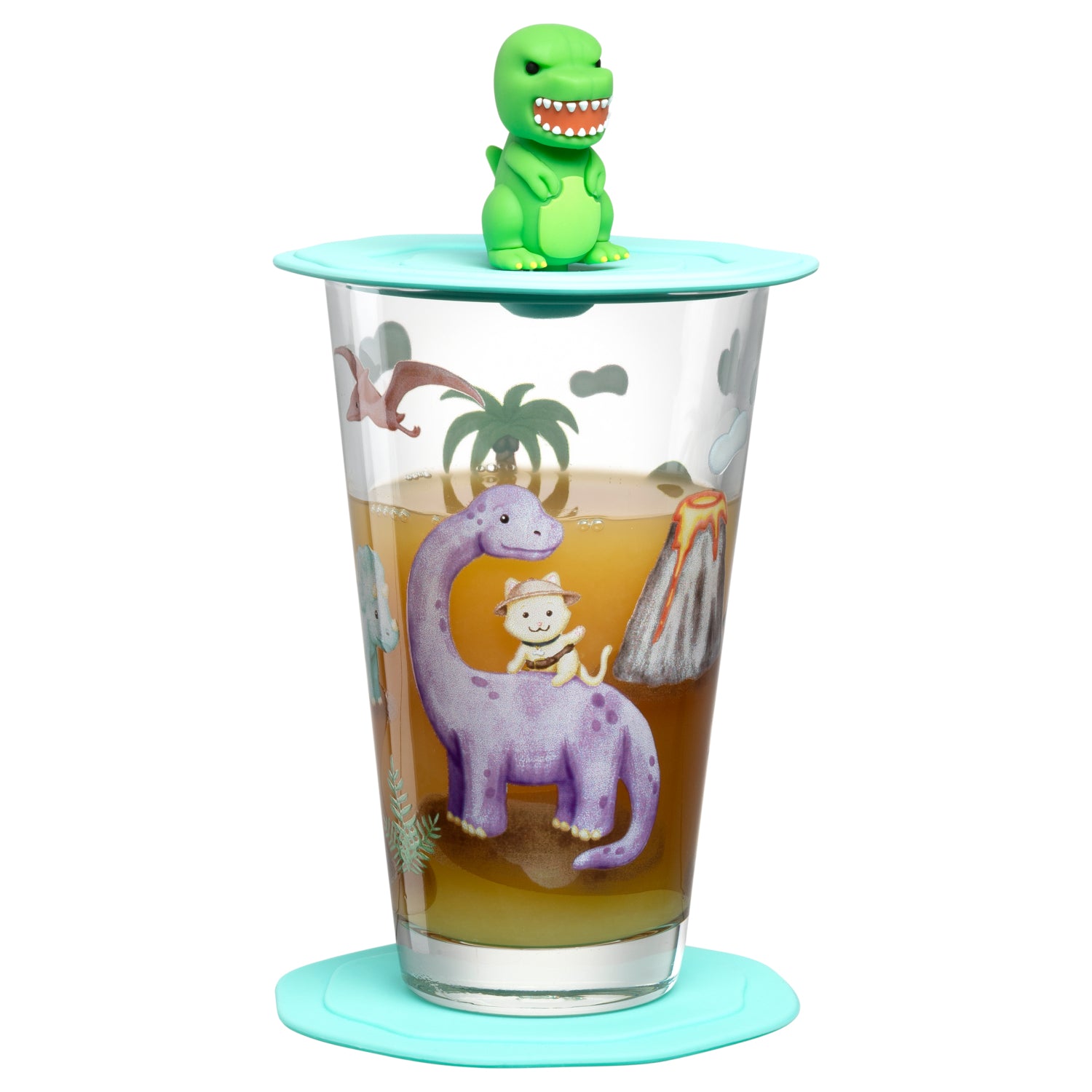 Trinkset BAMBINI AVVENTURA mit Glasbecher, Deckel und grüner Dino-Figur, Motiv Dinosaurier und Kind