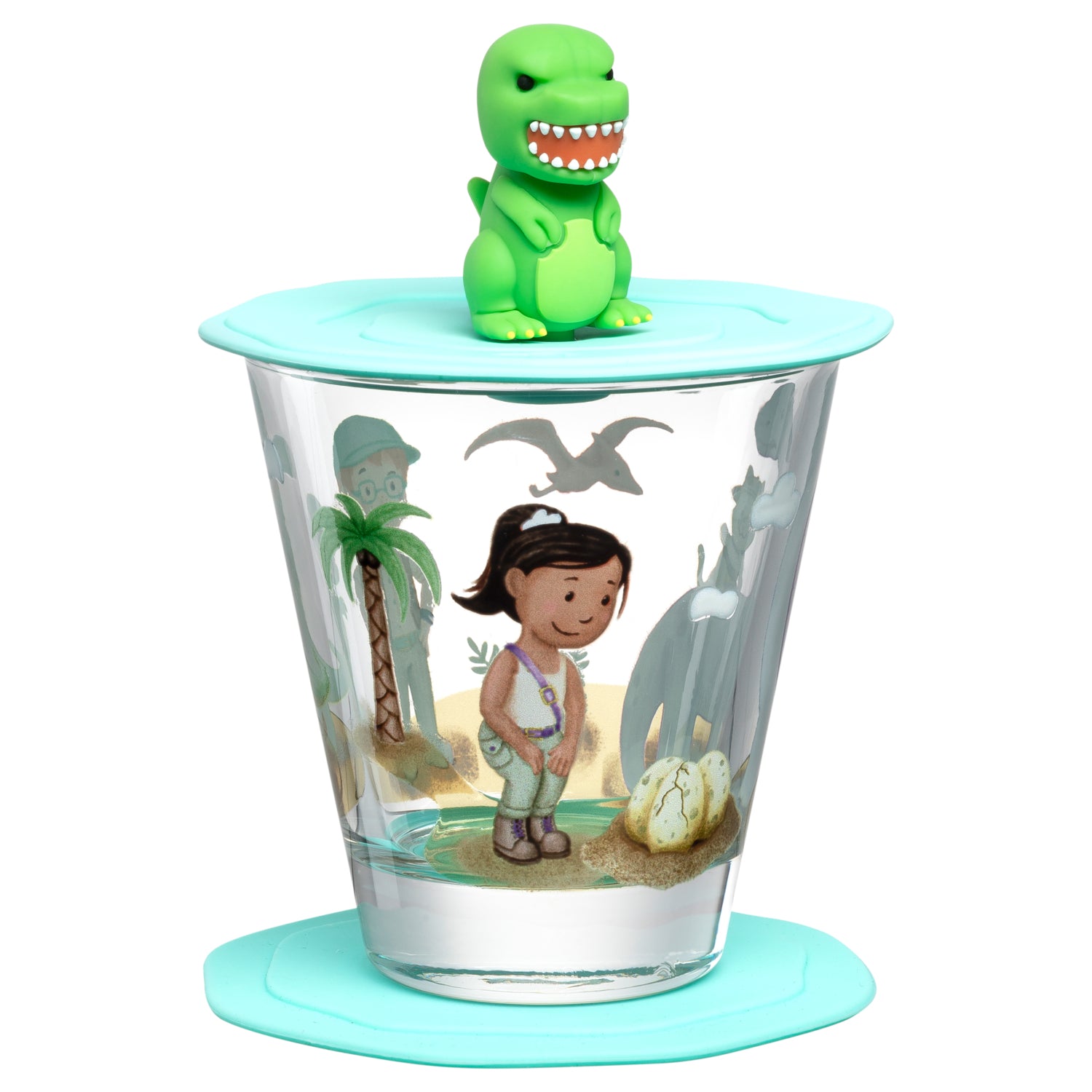 Trinkset BAMBINI AVVENTURA 3-teilig mit Glaskern, grünem Dino-Deckel und bedrucktem Motiv einer Abenteurerin