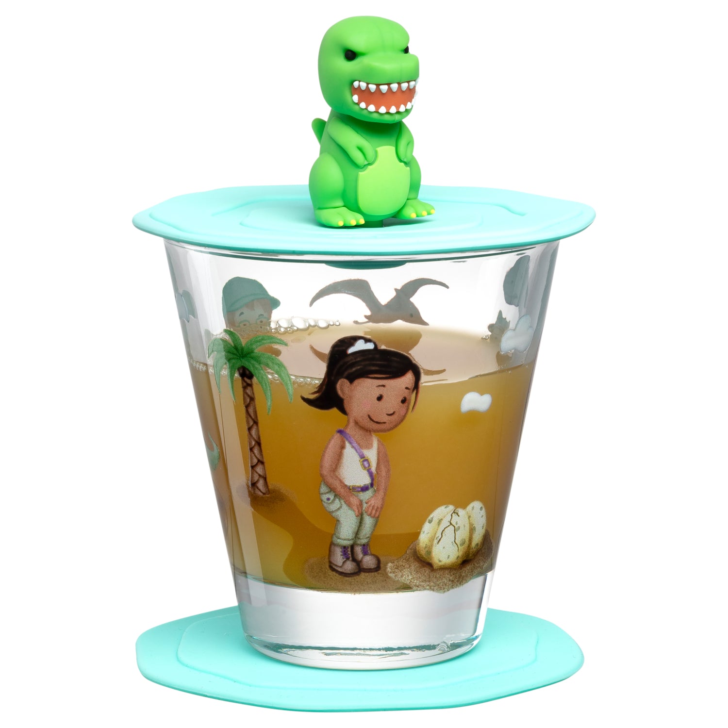 Trinkset BAMBINI AVVENTURA mit grünem Dinosaurier-Deckel, Glaskern mit Strandszene und Kind