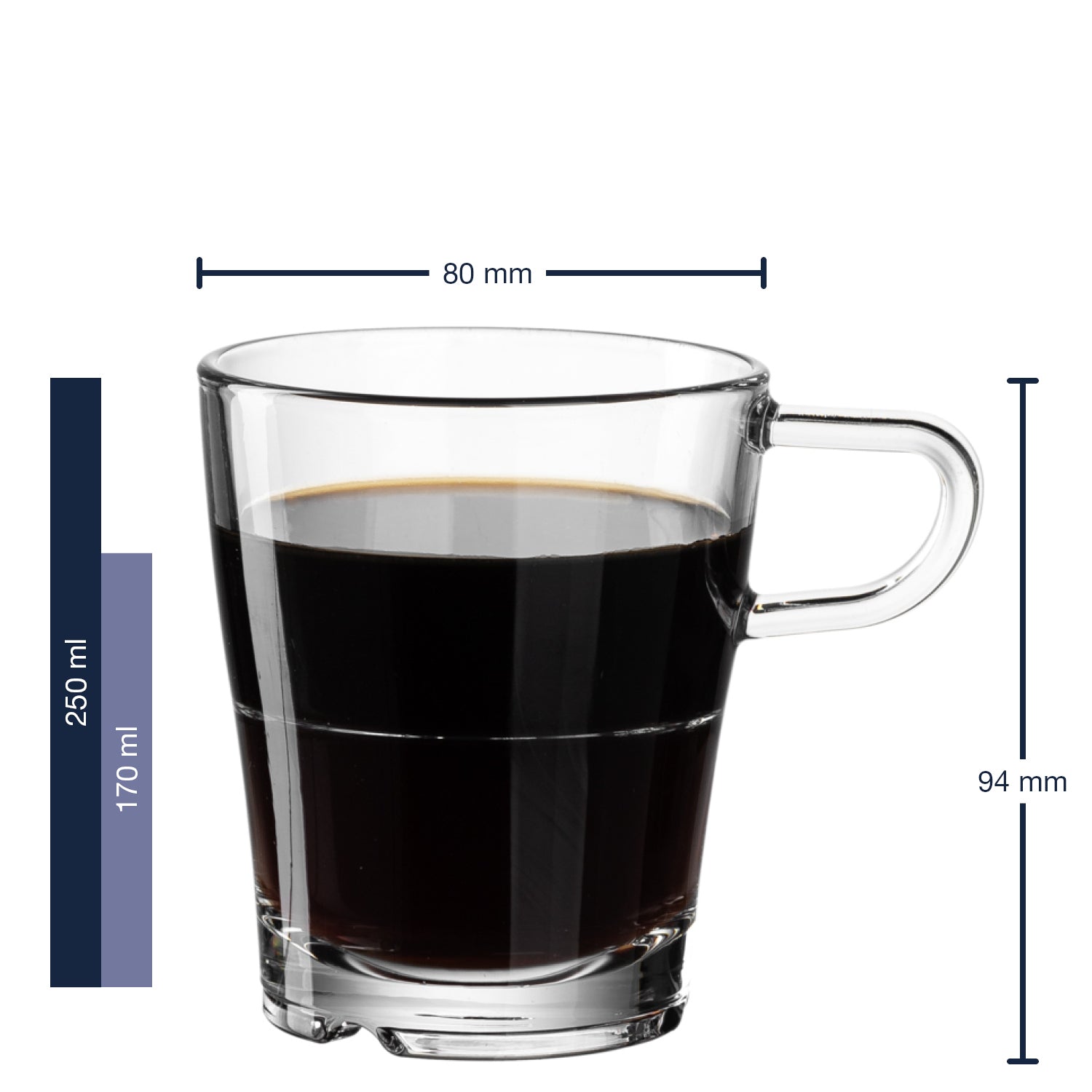 Glastasse SENSO mit Kaffee gefüllt, Massangaben zu Glastasse SENSO 250 ml stapelbar 6er-Set