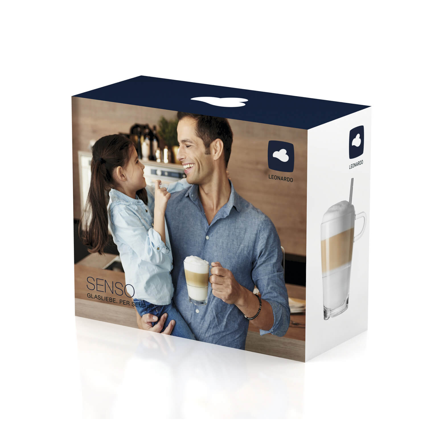 Verpackung Latte Macchiato SENSO mit Mann, Kind und Gläsern