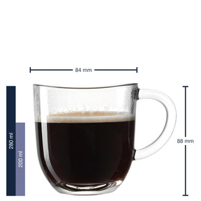 Massangaben zu Tasse NAPOLI 280 ml mit Kaffee gefüllt