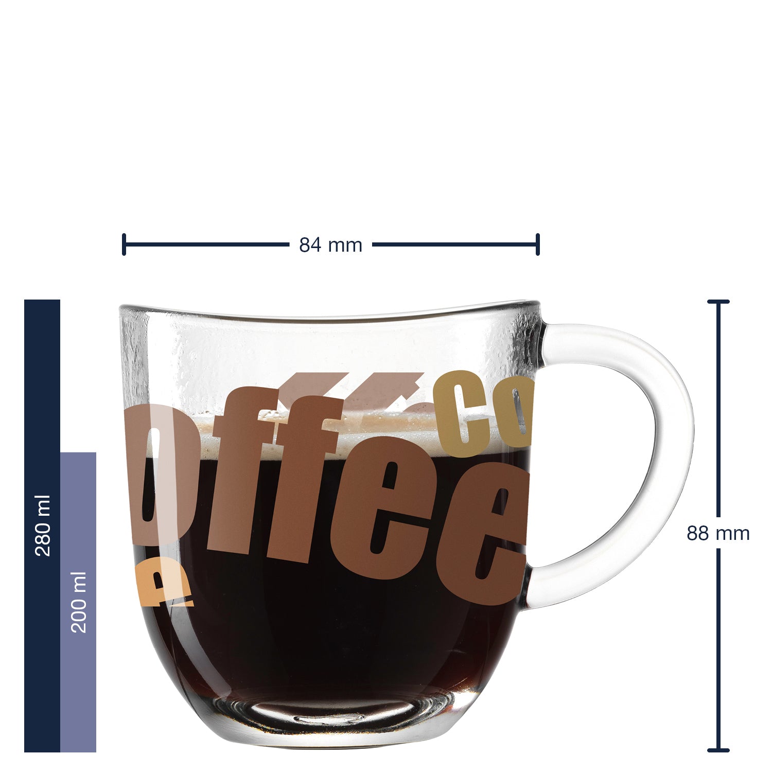 Massangaben zu Tasse NAPOLI 280 ml 3farbig mit Kaffee gefüllt