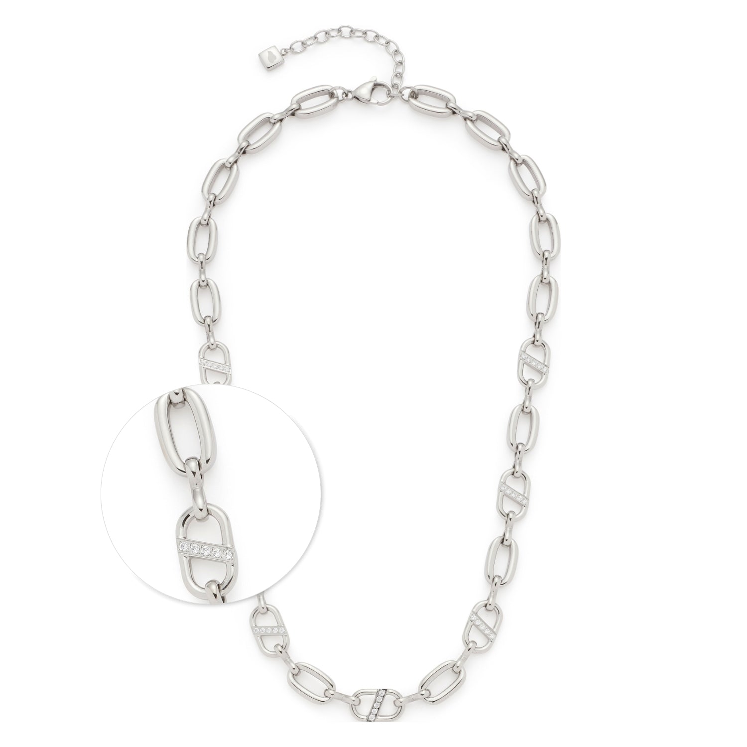 Halskette NAREA in Silber mit länglichen Kettengliedern und Zirkoniumbesatz, Detailaufnahme einer Verbindung