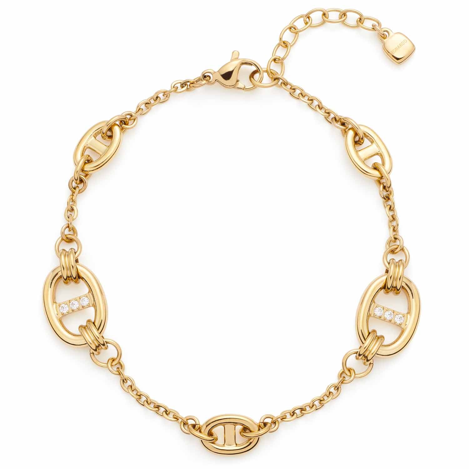 Armband HERMA gold mit ovalen Gliedern und Zirkoniasteinen auf weißem Hintergrund