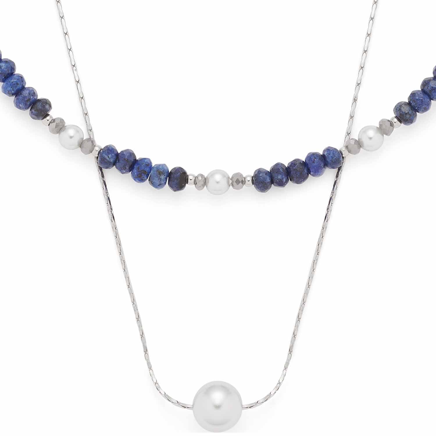 Halskette ANJANA mit blauen und grauen Glasperlen, silberfarbener Kette und Perlanhänger