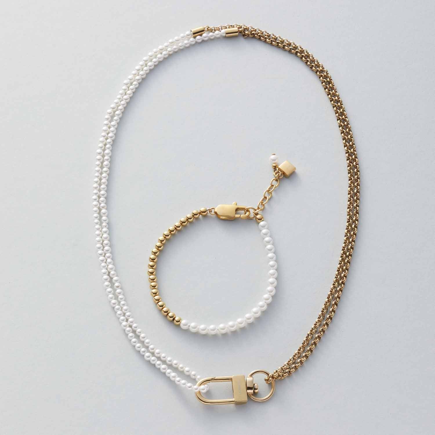 Armband LUCINDA gold mit Perlen und Muschelbestandteilen, Armband und Halskette