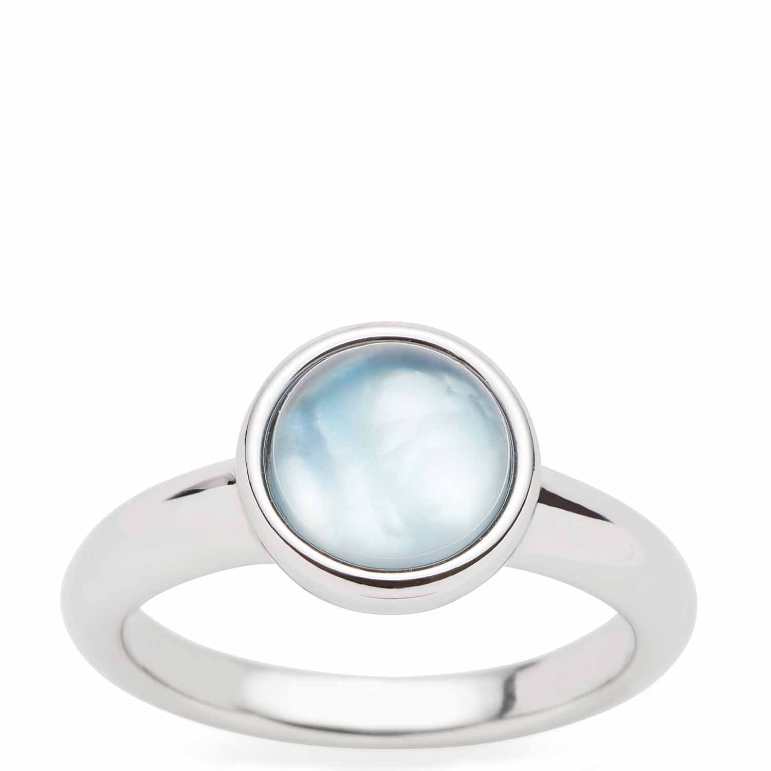 Ring BEA 18 grau blau mit rundem Glascabochon auf weißem Hintergrund