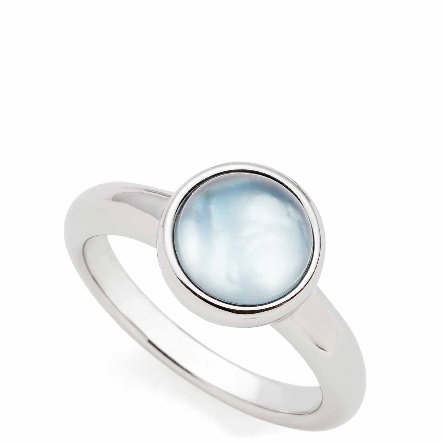 Ring Bea 20 grau blau mit rundem Glaseinsatz auf weißem Hintergrund