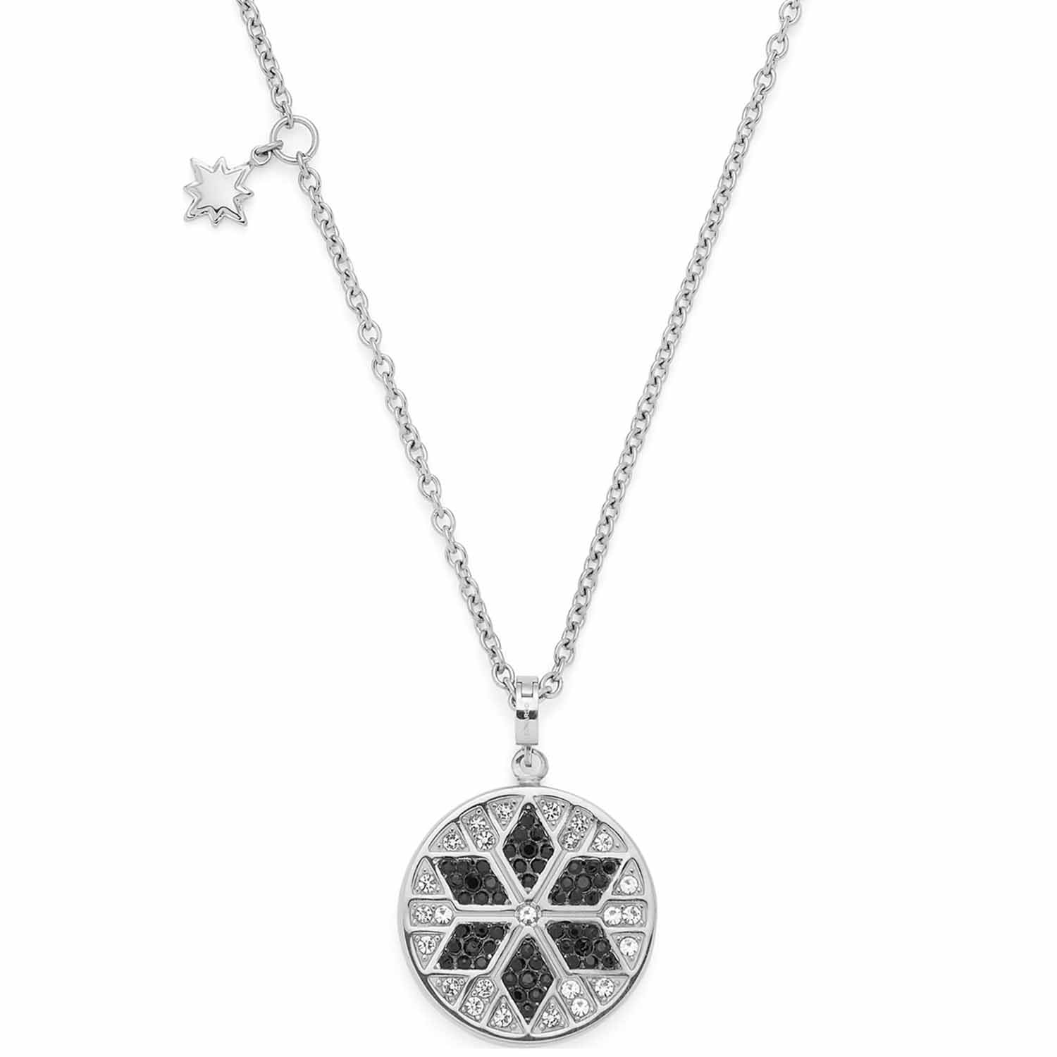 Halskette BIELLA mit rundem Anhänger, schwarzen und silbernen Zirkonia-Steinen, Stern-Charm