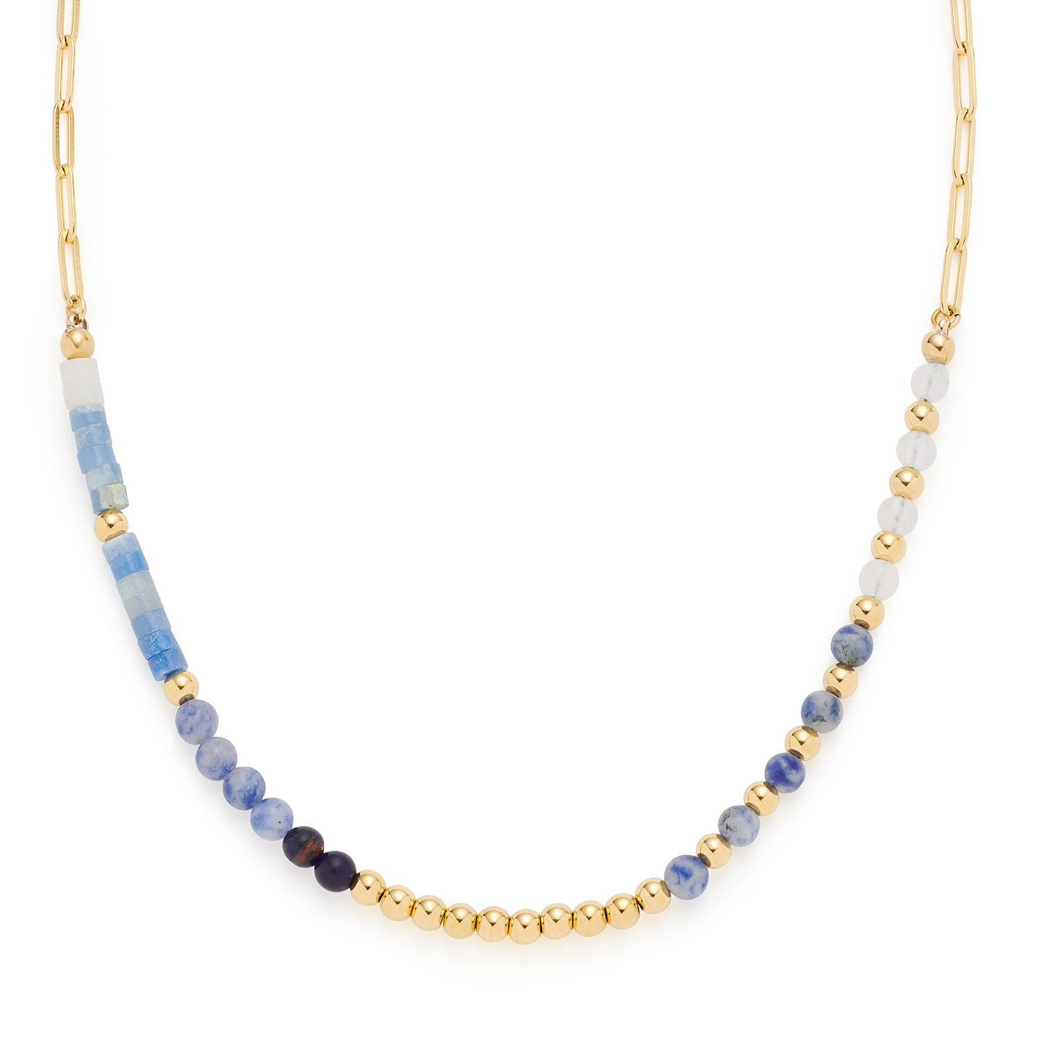Halskette BELINDA mit blauen Glasperlen, goldenen Elementen und Kettengliedern