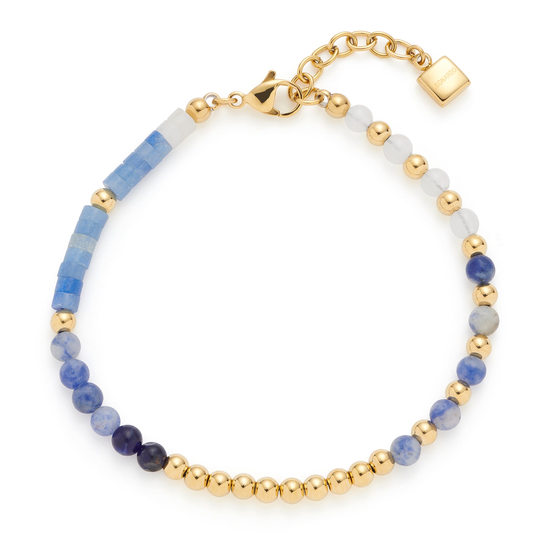 Armband BELINDA gold mit blauen Glasperlen und goldenen Metallperlen auf weißem Hintergrund
