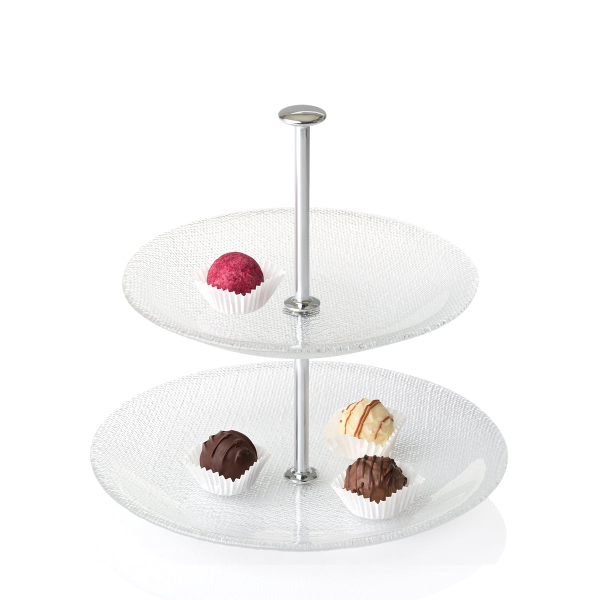 Glas-Etagere PRALINA 2-stöckig mit Pralinen und Schokoladenstücken bestückt
