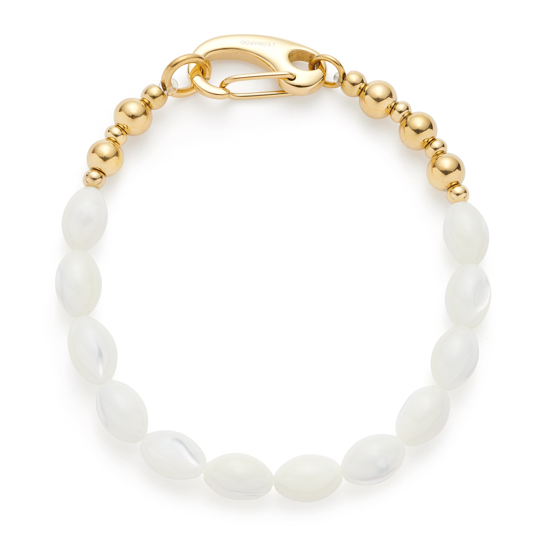 Armband PATSY gold mit weißen Muschelperlen und goldfarbenen Metallkugeln