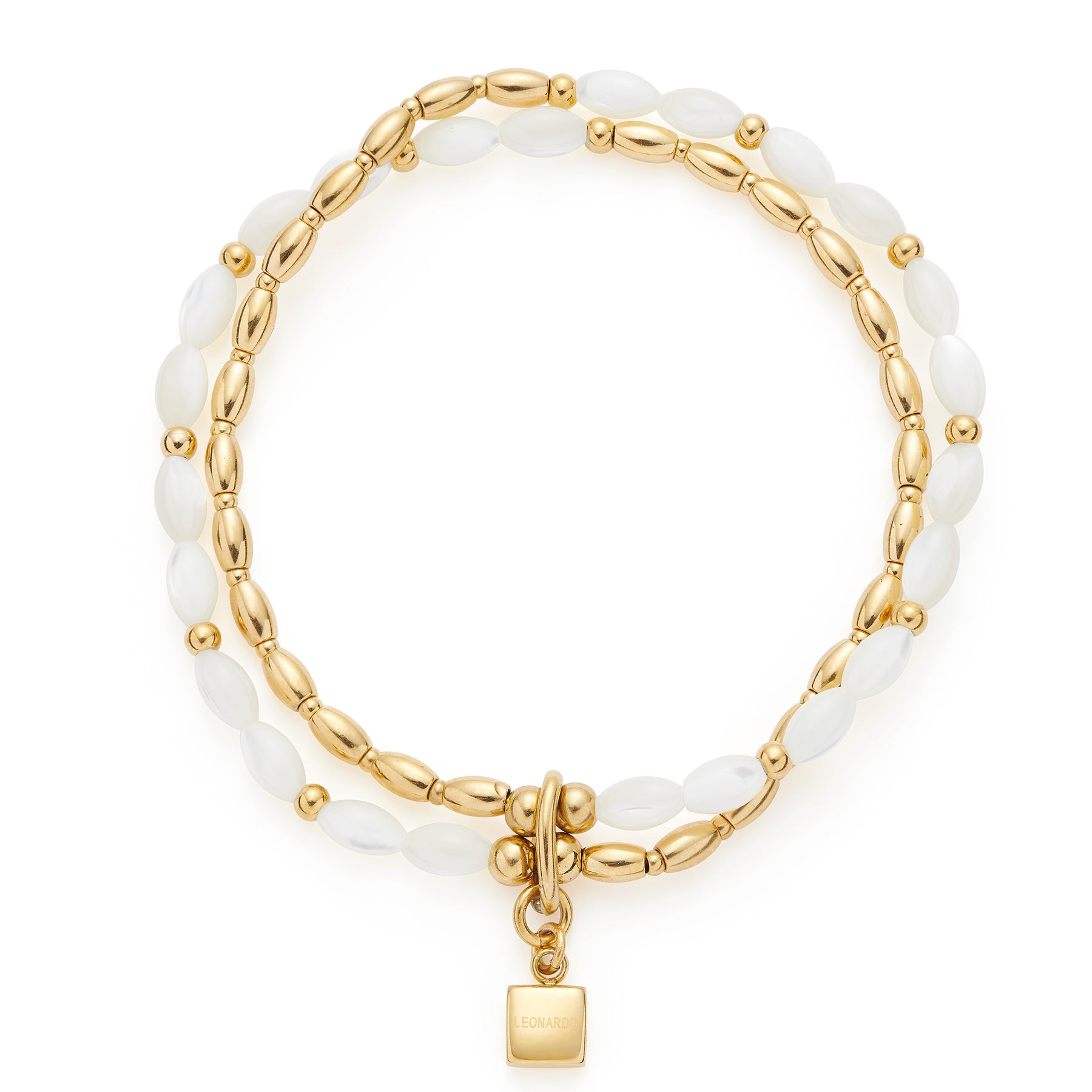 Armband WELDA gold mit weißen Muschelperlen und goldenem Kettenglied mit Anhänger