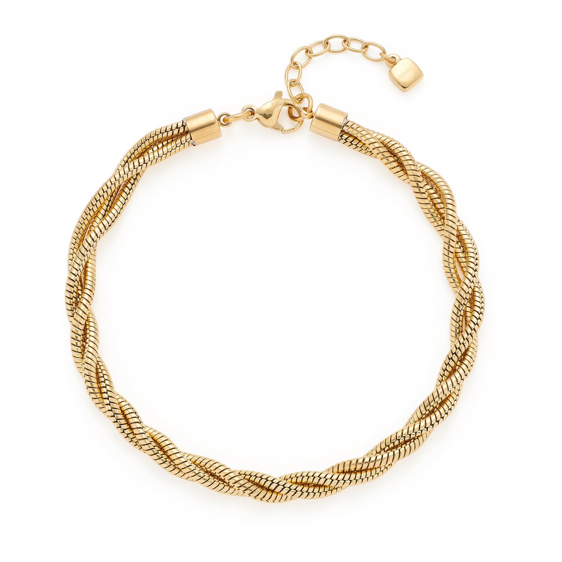Armband SUE gold mit Schlangenkettenstruktur und Verschluss auf weißem Hintergrund