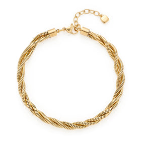 Armband SUE gold mit Schlangenkettenstruktur und Verschluss auf weißem Hintergrund
