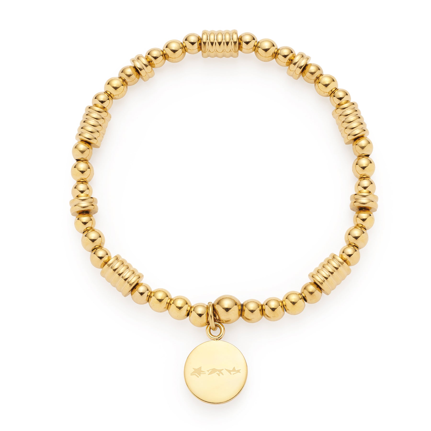 Stretch Armband ELISABETH gold mit Kugel-Perlen und rundem Charm-Anhänger