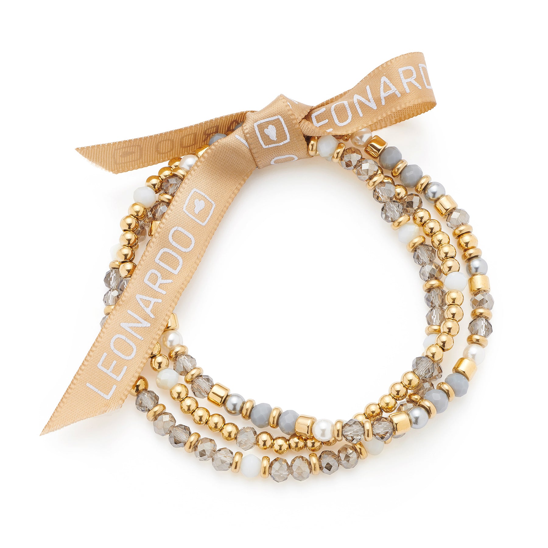 Armband BERNADETTE gold mit Glasperlen und beigem Schleifenband mit Schriftzug
