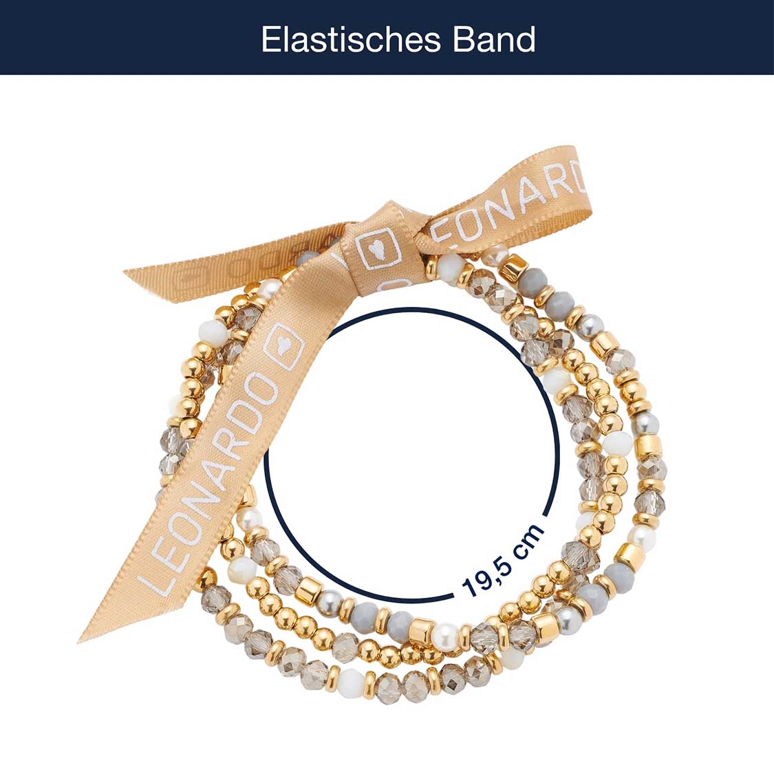 Armband BERNADETTE gold mit Glasperlen und beigem Stoffband, Massangaben