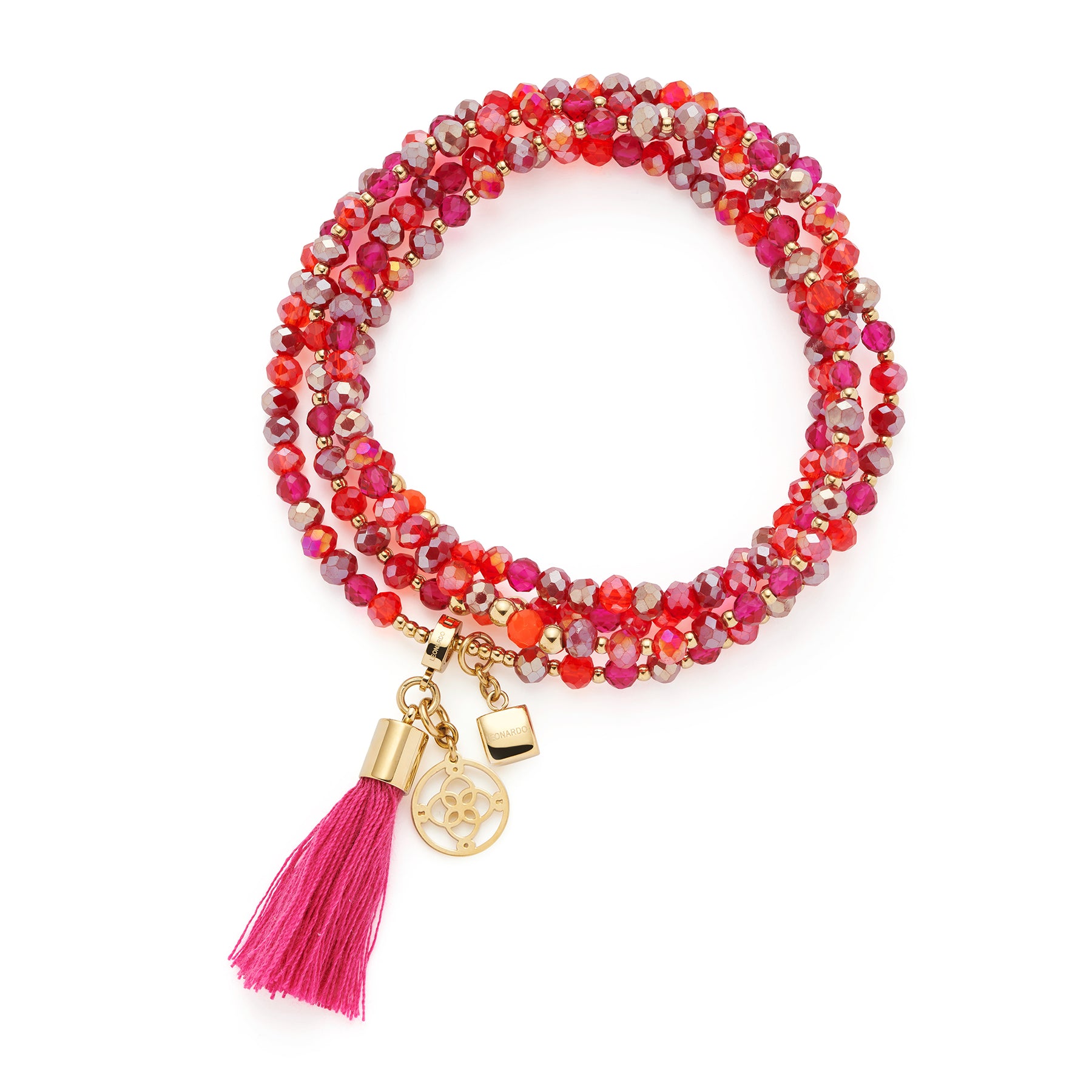 Halskette DONNA mit rosa und roten Glasperlen, goldenen Anhängern und pinker Quaste