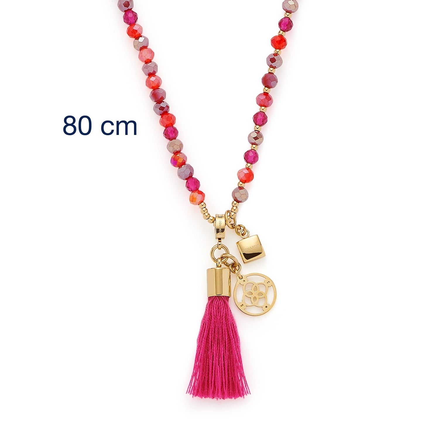 Halskette DONNA mit Glasperlen in Rosa- und Rottönen, goldenem Verschluss, Quastenanhänger und Medaillon