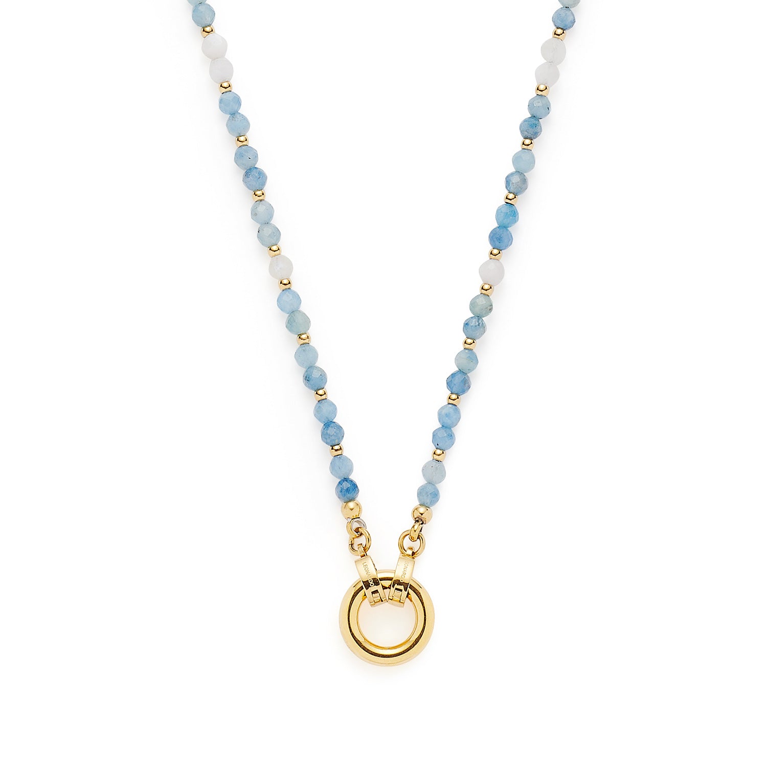 Halskette BISCA mit blauen Glasperlen, goldenen Zwischenelementen und goldenem Ringanhänger