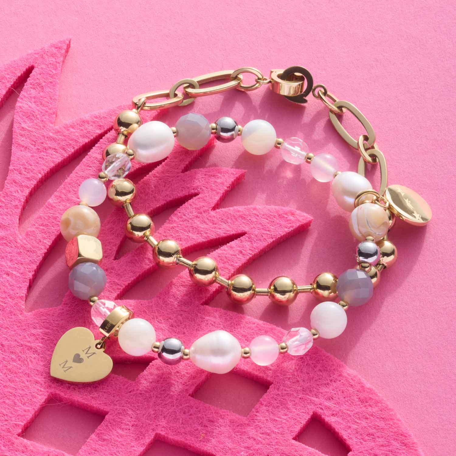 Armband DOTTY gold Clip & Mix auf rosa Textil mit Perlen und Herzanhänger