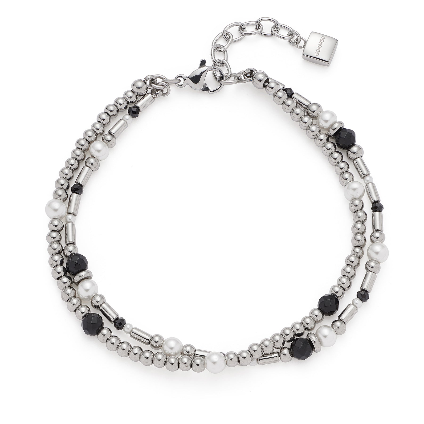 Armband SABINE mit silberfarbenen und schwarzen Glasperlen auf weißem Hintergrund