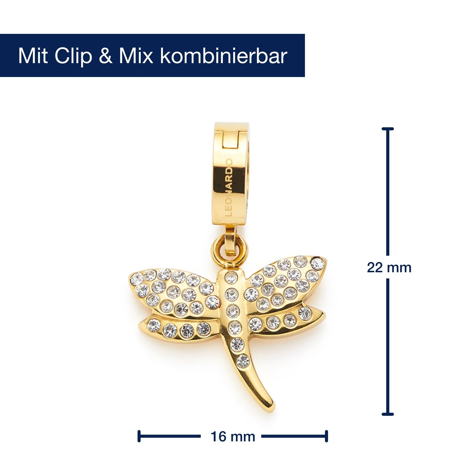 Massangaben zu Anhänger ELISABETH Clip & Mix gold, goldfarben mit Zirkonia-Steinen besetzter Libellen-Anhänger