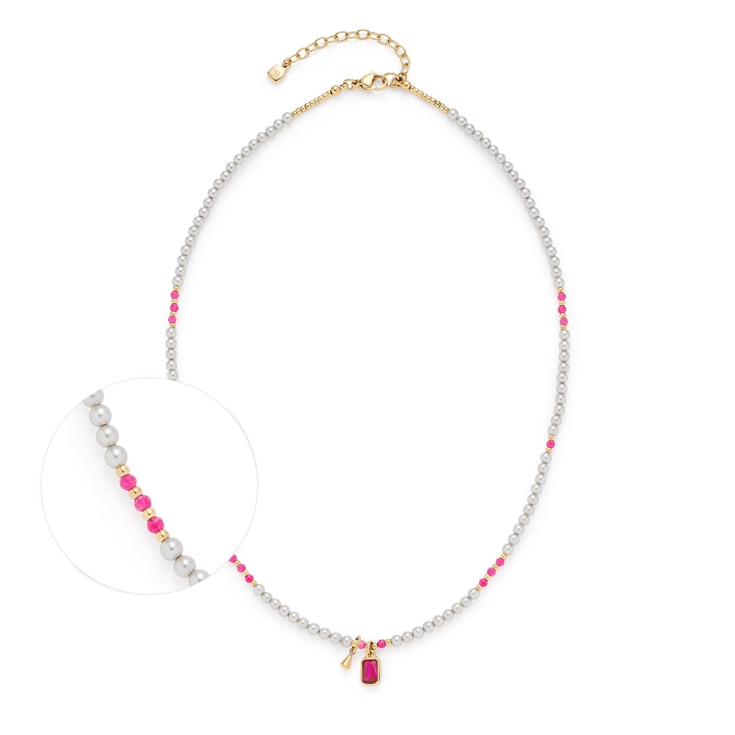 Halskette PINKY mit grauen und rosafarbenen Glasperlen, goldenem Verschluss und Anhänger
