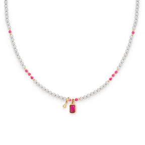 Halskette PINKY 42 cm gold CIAO mit silbernen und pinken Glasperlen, goldenem Verschluss und rosa Glasanhänger