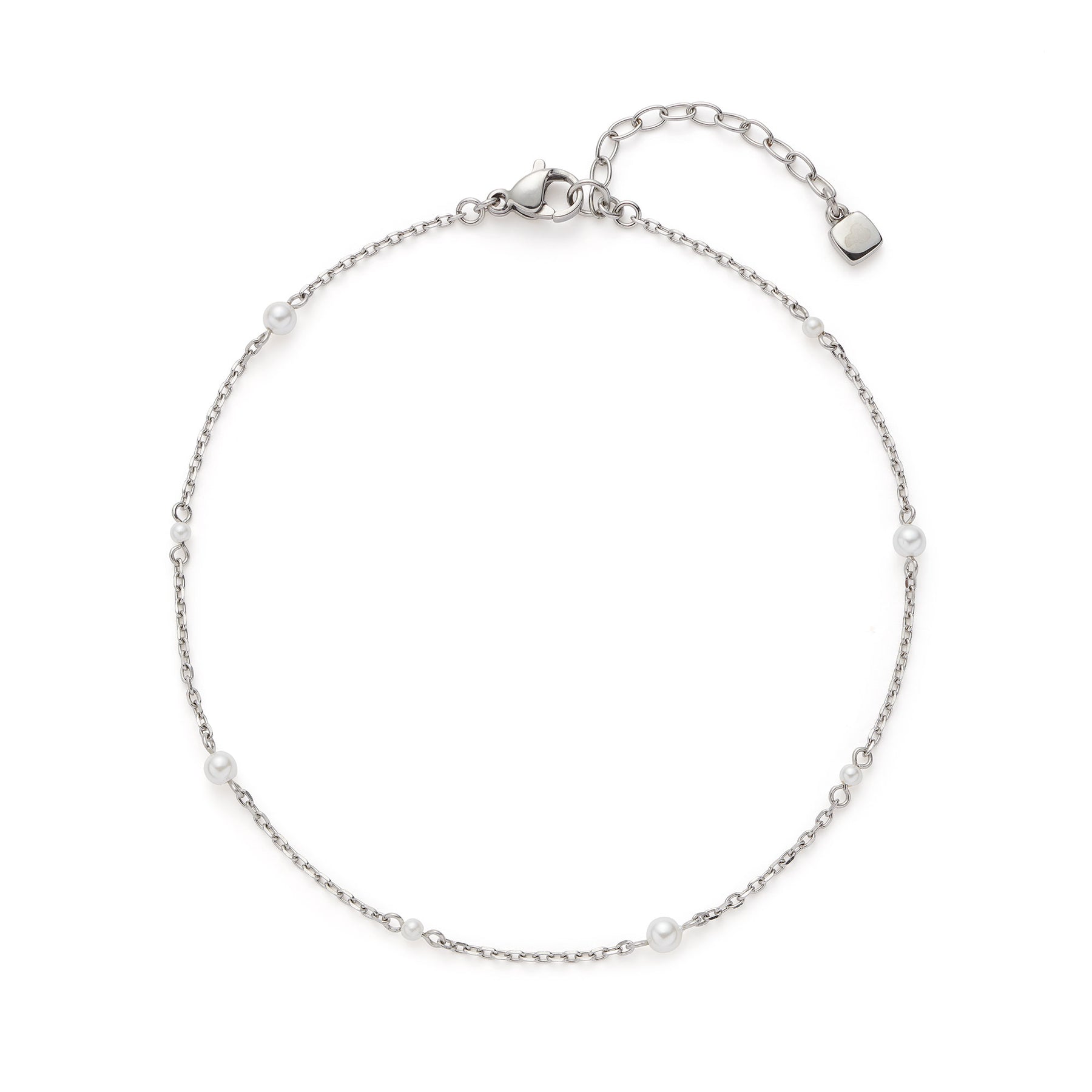 Fußkette NAVINA CIAO in Silber mit Glasperlenelementen auf weißem Hintergrund